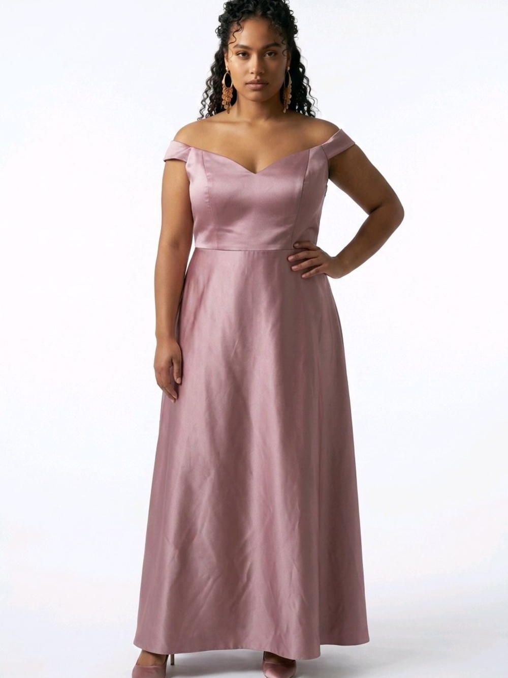 David's Bridal Dusty Rose Off-the-Shoulder Satin Formal Gown | Appx. Size 21–22